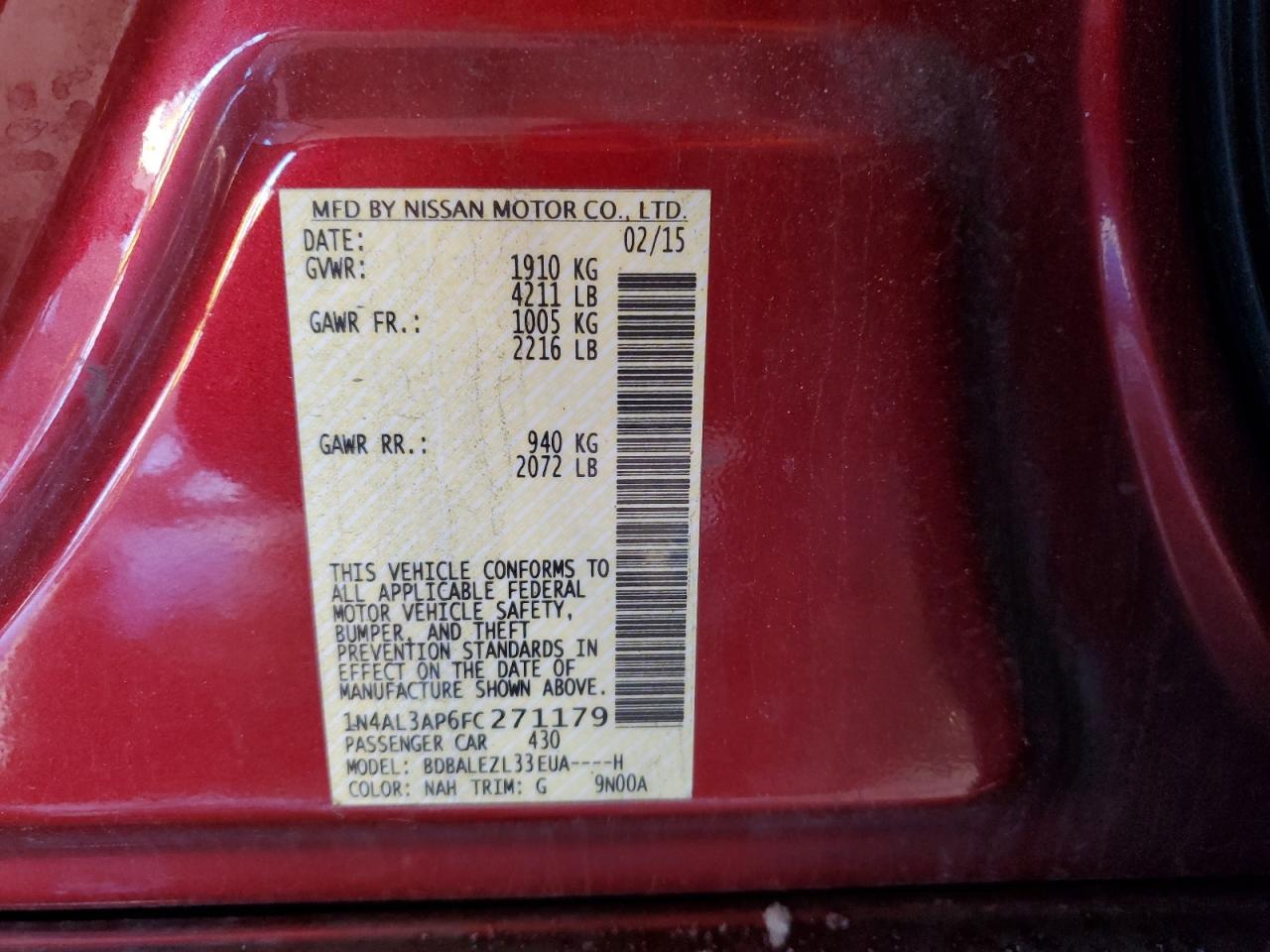 2015 Nissan Altima VIN 1N4AL3AP6FC271179 Copart auction photo, side / front end damage thumbnail 12
