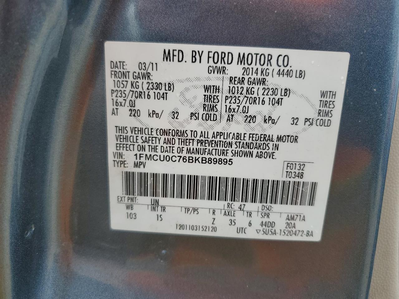 2011 Ford Escape VIN 1FMCU0C76BKB89895 Copart auction photo, front end damage thumbnail 13