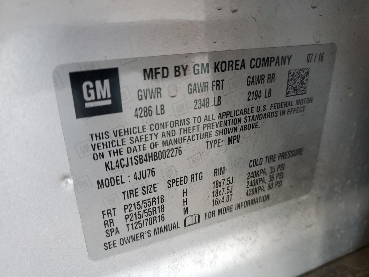 2017 Buick Encore VIN KL4CJ1SB4HB002276 Copart auction photo, front end damage thumbnail 15