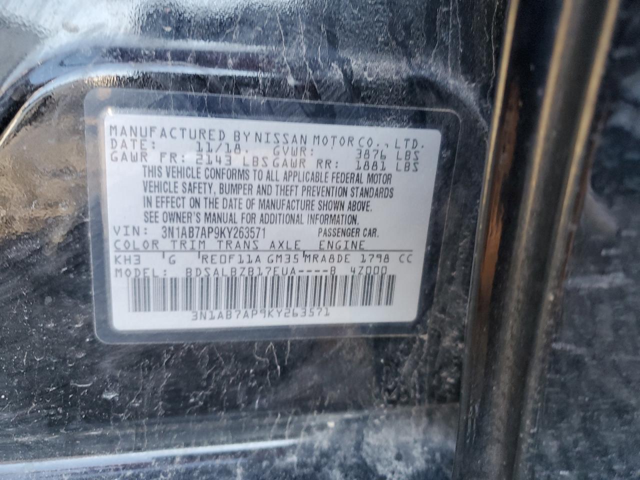 2019 Nissan Sentra VIN 3N1AB7AP9KY263571 Copart auction photo, front end damage thumbnail 12