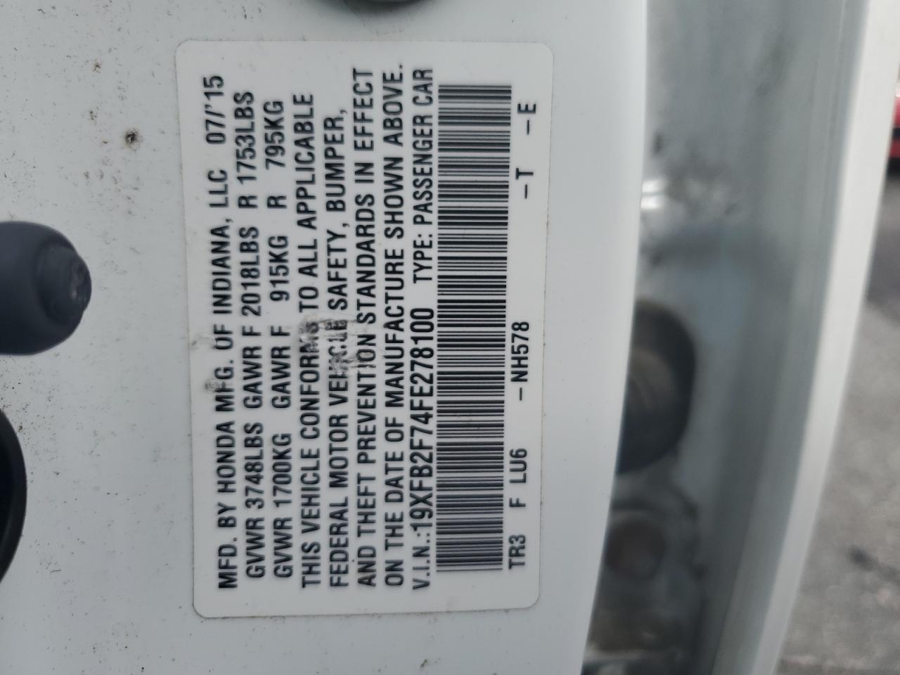 2015 Honda Civic VIN 19XFB2F74FE278100 Copart auction photo, rear end / front end damage thumbnail 12