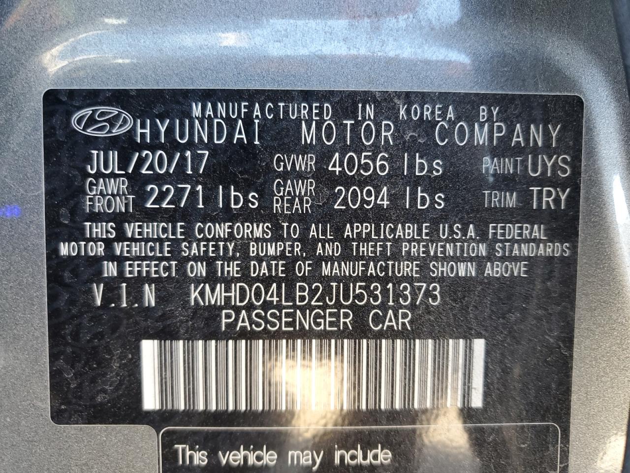2018 Hyundai Elantra VIN KMHD04LB2JU531373 Copart auction photo, side damage thumbnail 14