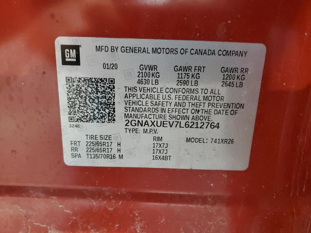 2020 Chevrolet Equinox VIN 2GNAXUEV7L6212764 Copart auction photo, front end damage thumbnail 15