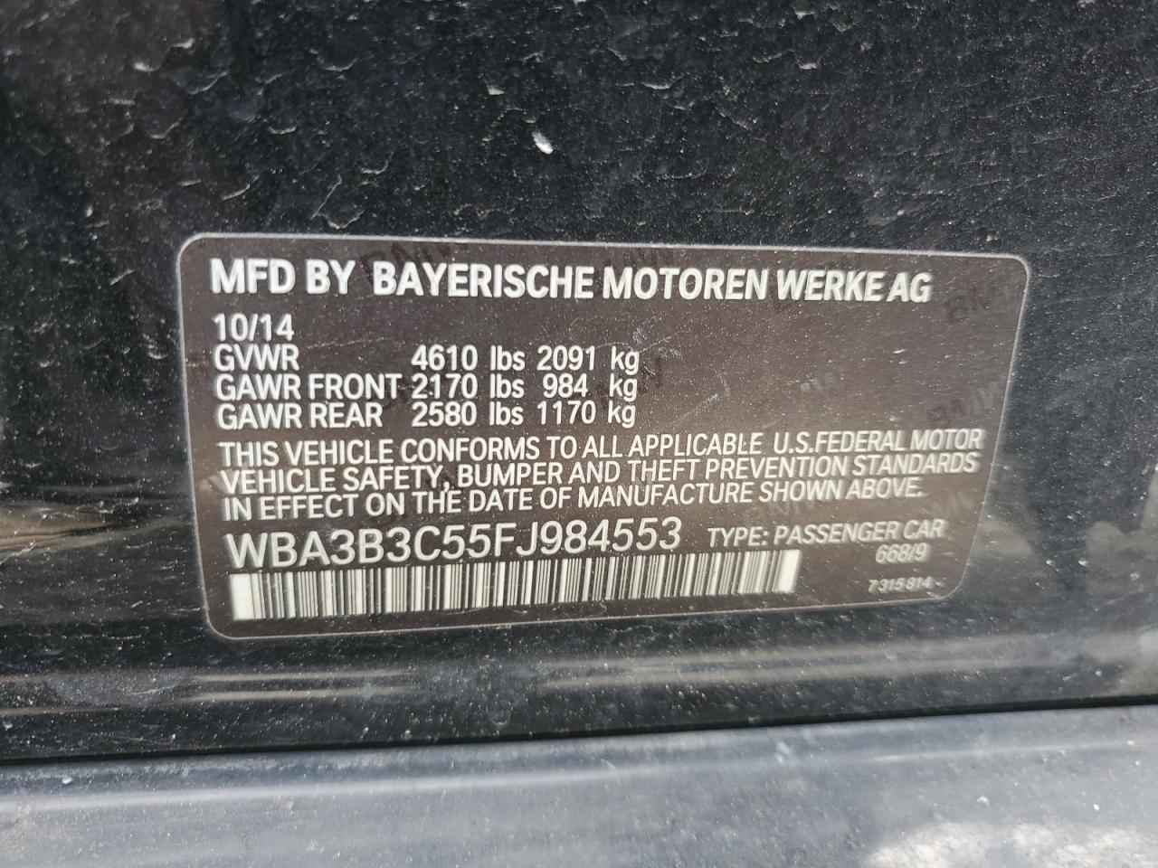 2015 BMW 3er VIN WBA3B3C55FJ984553 Copart auction photo, front end damage thumbnail 12