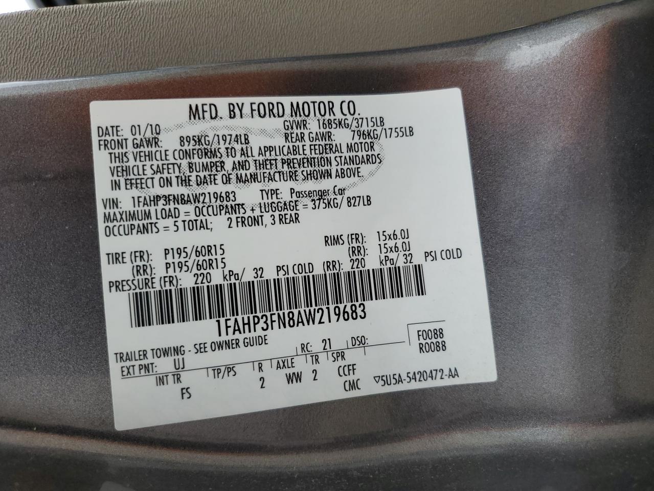 2010 Ford Focus VIN 1FAHP3FN8AW219683 Copart auction photo, front end damage thumbnail 14