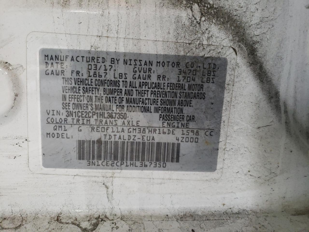 2017 Nissan Versa VIN 3N1CE2CP1HL367350 Copart auction photo, front end / rear end damage thumbnail 15