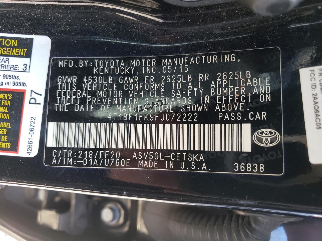 2015 Toyota Camry VIN 4T1BF1FK9FU072222 Copart auction photo, rear end / front end damage thumbnail 13