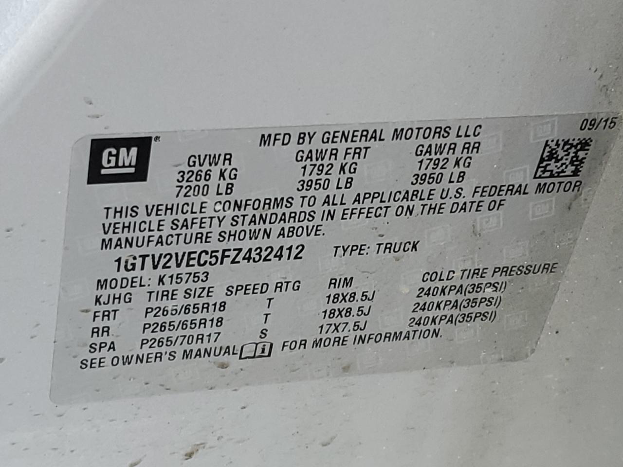 2015 GMC Sierra VIN 1GTV2VEC5FZ432412 Copart auction photo, front end damage thumbnail 12