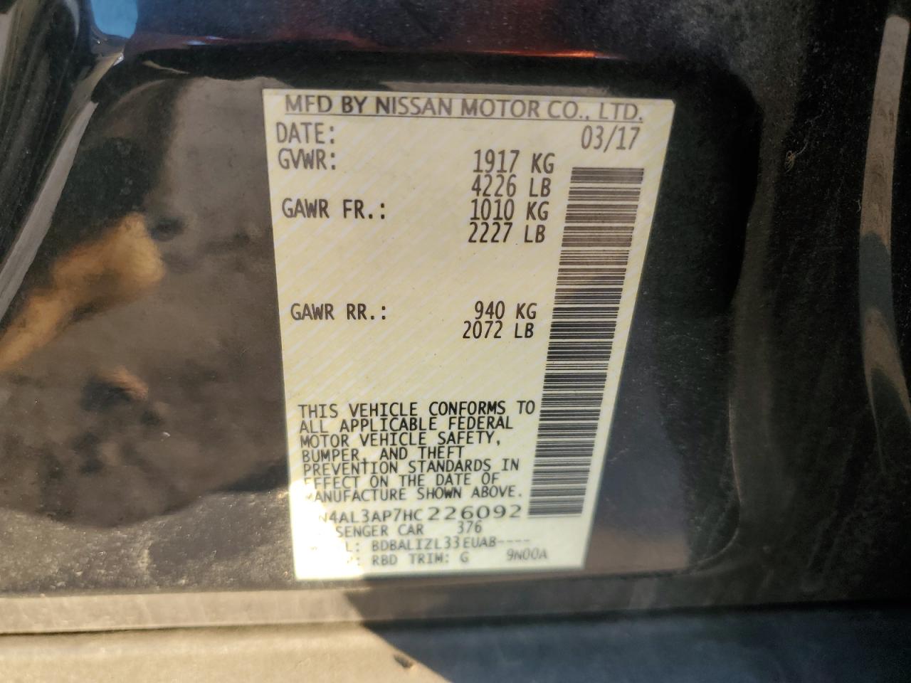 2017 Nissan Altima VIN 1N4AL3AP7HC226092 Copart auction photo, front end / minor dent/scratches damage thumbnail 14