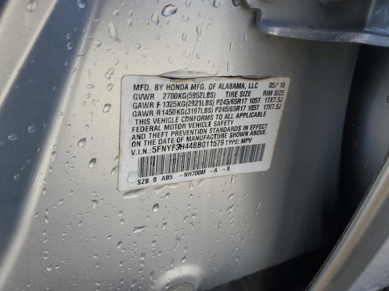 2011 Honda Pilot VIN 5FNYF3H44BB011579 Copart auction photo, side / rear end damage thumbnail 13