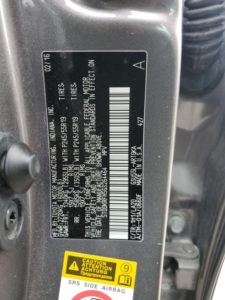 2016 Toyota Highlander VIN 5TDDKRFH5GS264464 Copart auction photo, all over damage thumbnail 13