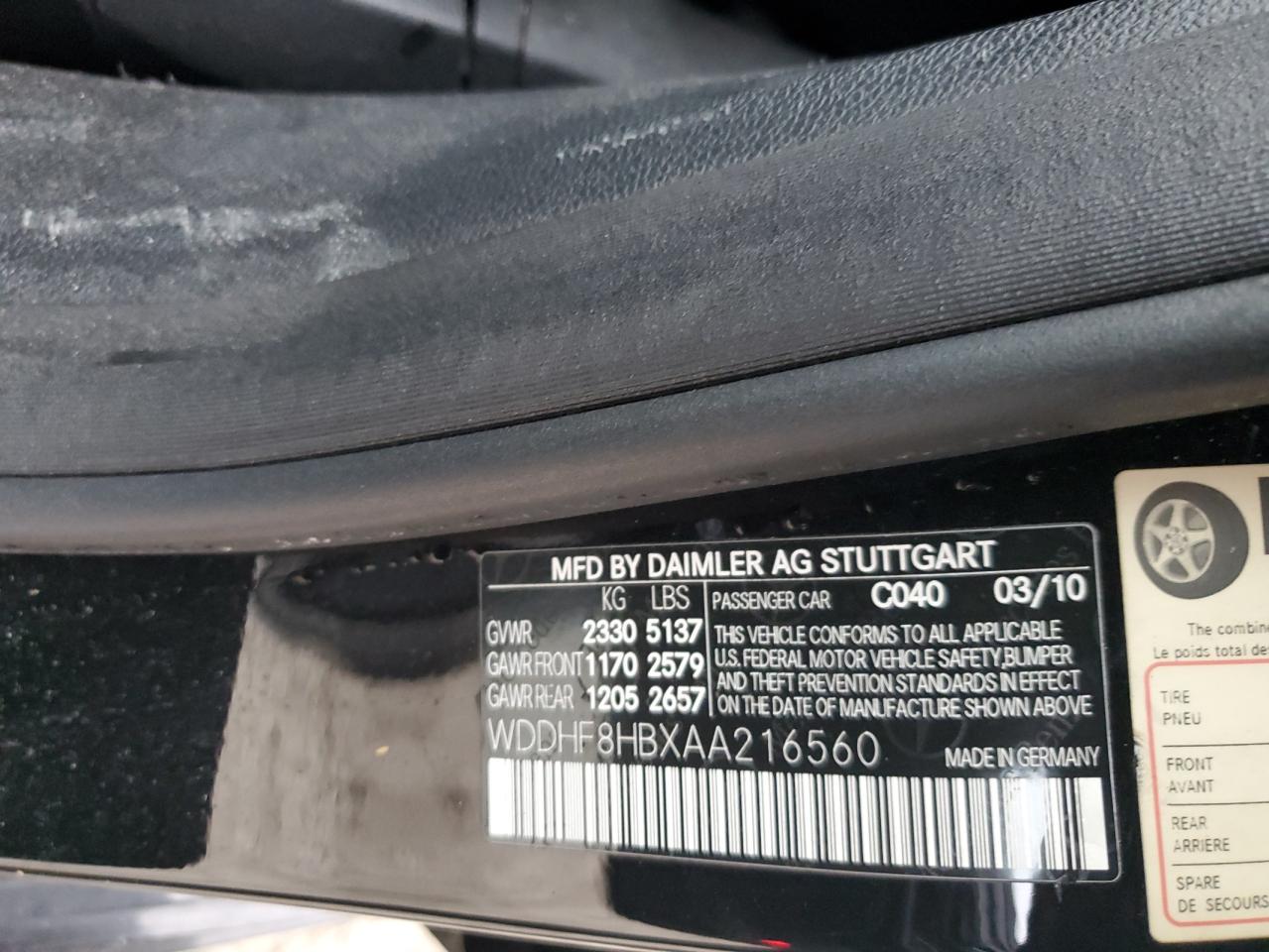 2010 Mercedes-Benz E-klasse VIN WDDHF8HBXAA216560 Copart auction photo, front end / minor dent/scratches damage thumbnail 12