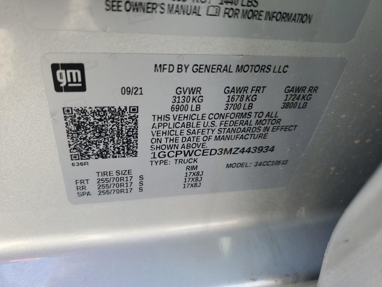 2021 Chevrolet Silverado VIN 1GCPWCED3MZ443934 Copart auction photo, front end / rear end damage thumbnail 15