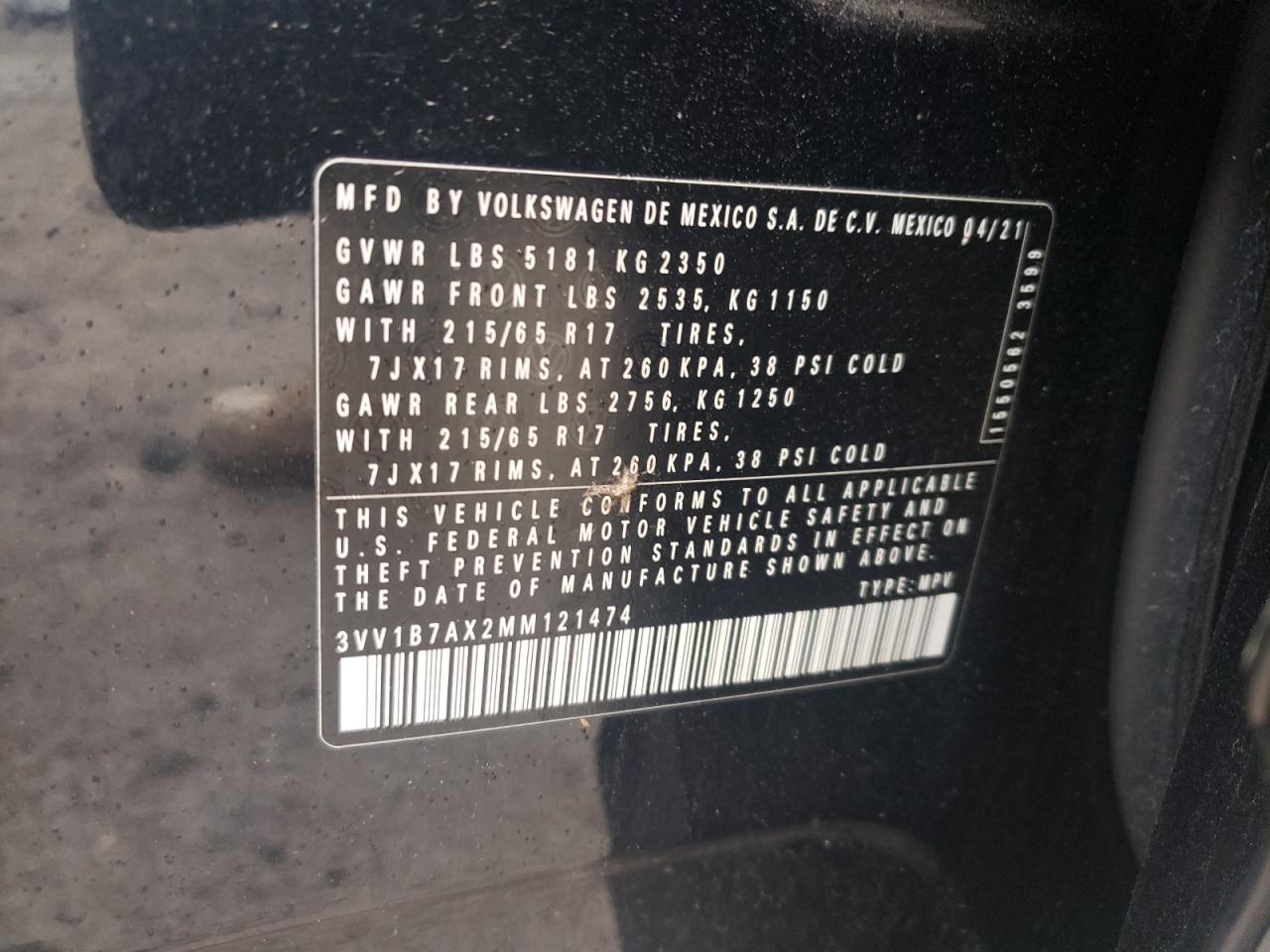 2021 Volkswagen Tiguan VIN 3VV1B7AX2MM121474 Copart auction photo, front end / side damage thumbnail 16
