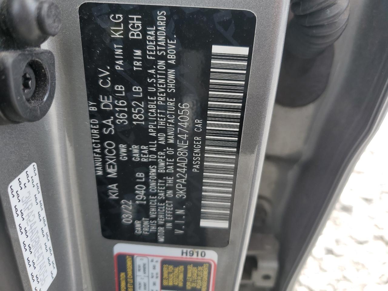 2022 KIA Rio VIN 3KPA24AD8NE474056 Copart auction photo, front end damage thumbnail 14
