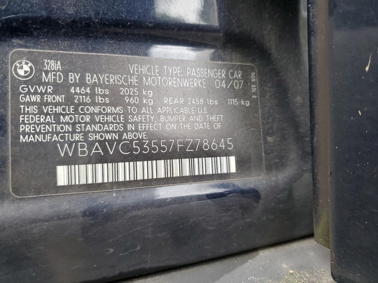 2007 BMW 3er VIN WBAVC53557FZ78645 Copart auction photo, mechanical / rear end damage thumbnail 12