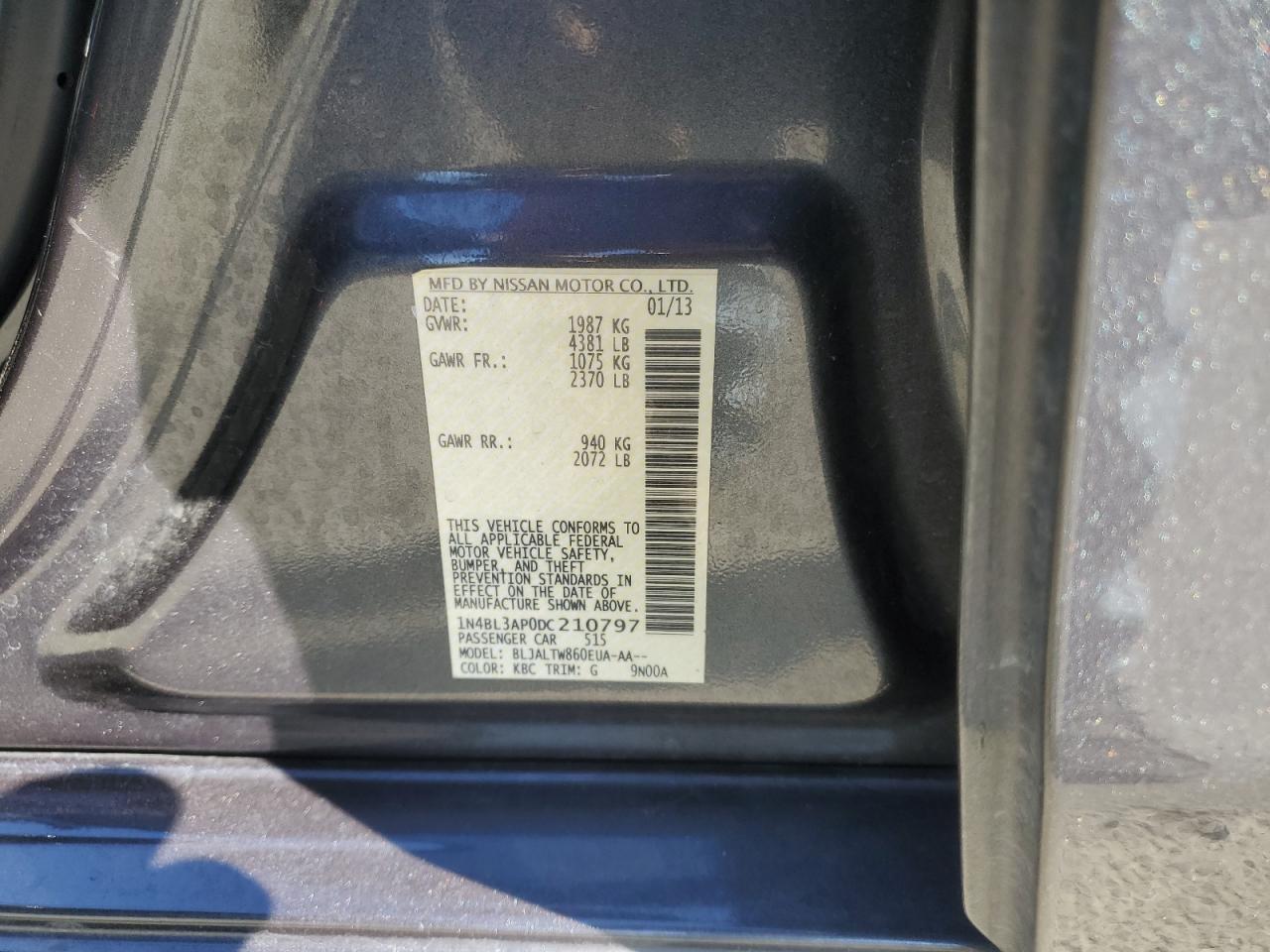 2013 Nissan Altima VIN 1N4BL3AP0DC210797 Copart auction photo, rear end damage thumbnail 12
