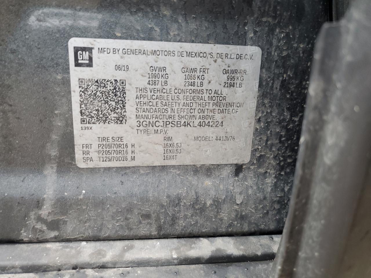 2019 Chevrolet Trax VIN 3GNCJPSB4KL404224 Copart auction photo, front end / side damage thumbnail 14
