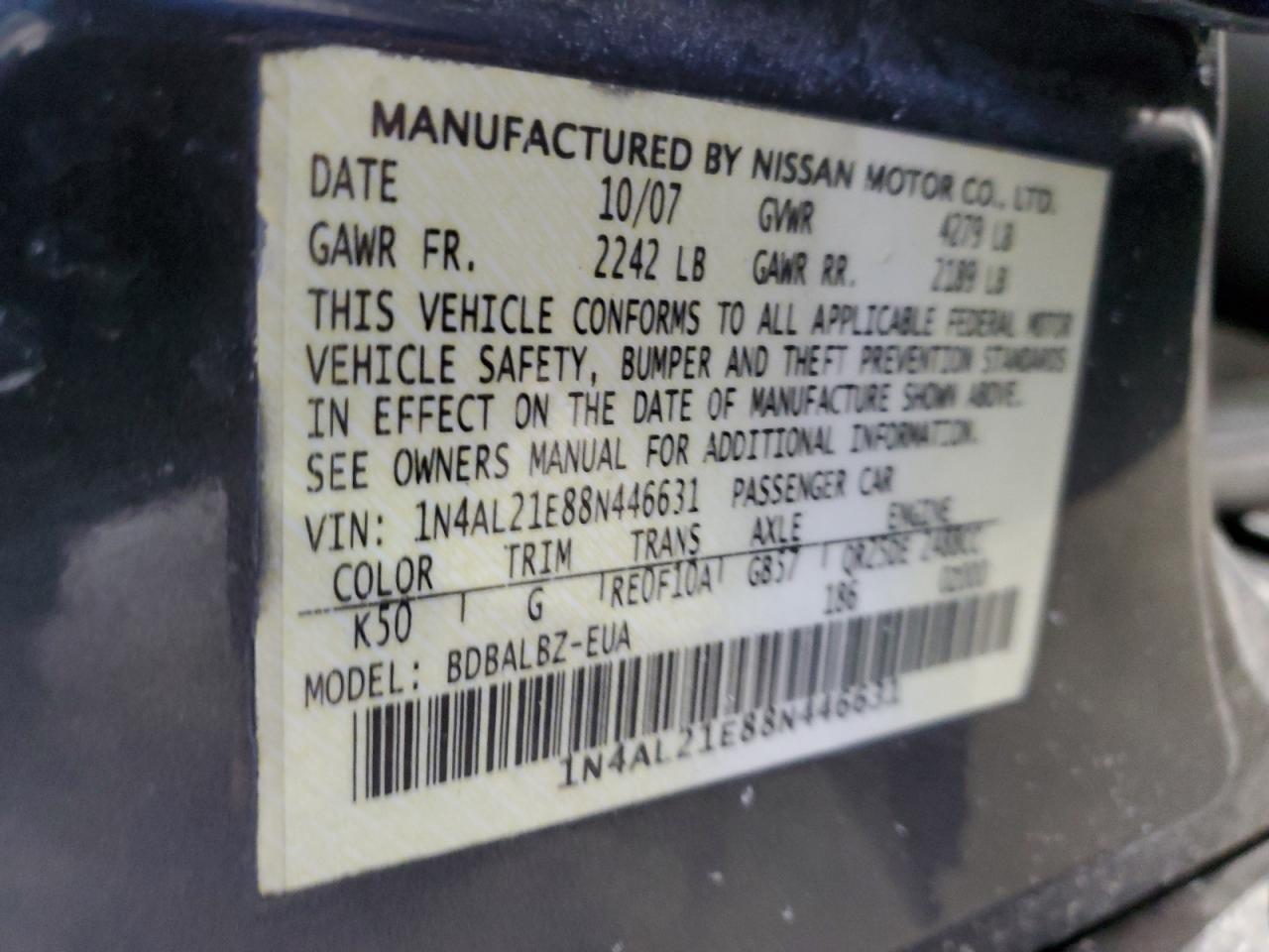 2008 Nissan Altima VIN 1N4AL21E88N446631 Copart auction photo, front end damage thumbnail 15