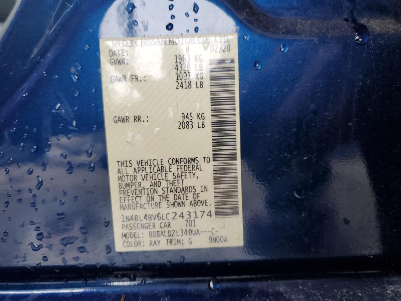 2020 Nissan Altima VIN 1N4BL4BV6LC243174 Copart auction photo, front end damage thumbnail 12