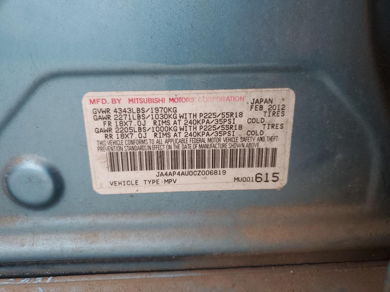 2012 Mitsubishi Outlander VIN JA4AP4AU0CZ006819 Copart auction photo, front end / undercarriage damage thumbnail 13