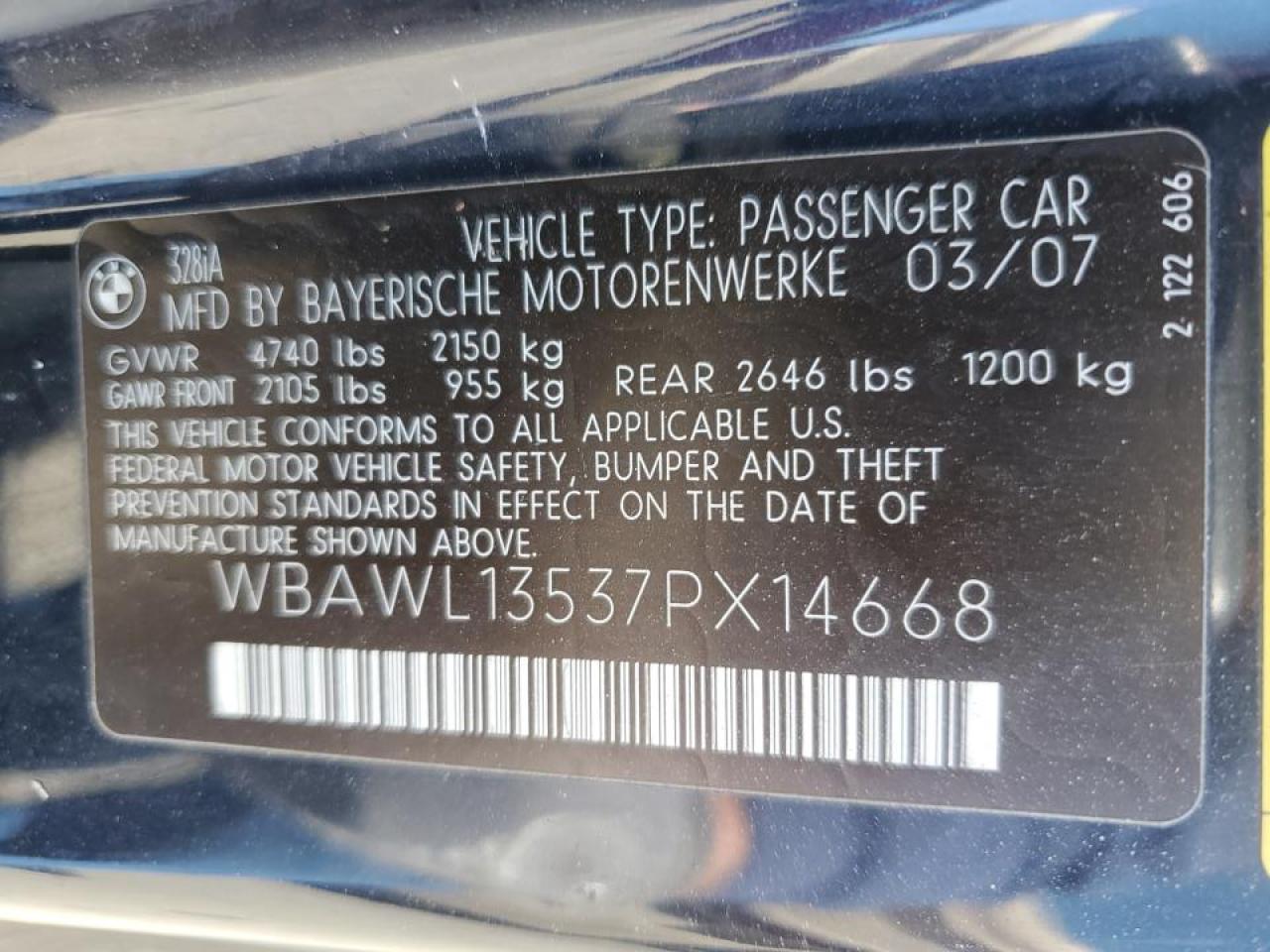 2007 BMW 3er VIN WBAWL13537PX14668 Copart auction photo, water/flood damage thumbnail 12