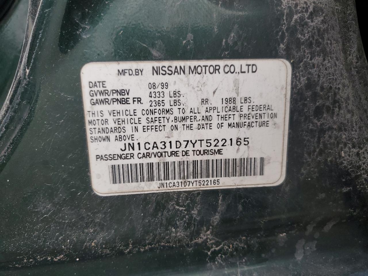 2000 Nissan Maxima VIN JN1CA31D7YT522165 Copart auction photo, all over damage thumbnail 15