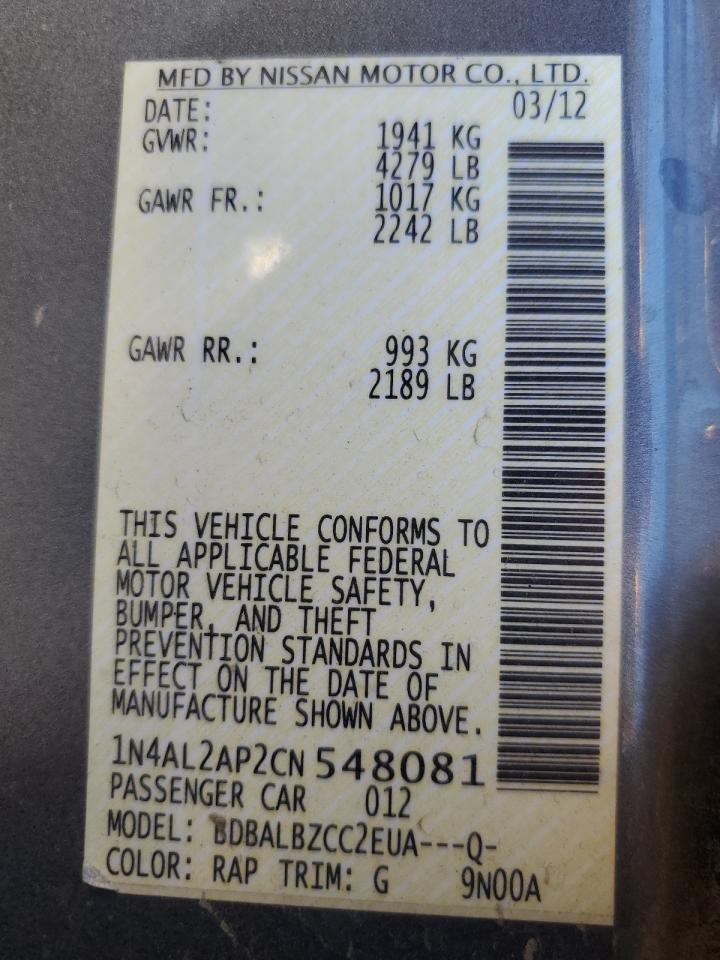2012 Nissan Altima VIN 1N4AL2AP2CN548081 Copart auction photo, all over damage thumbnail 13