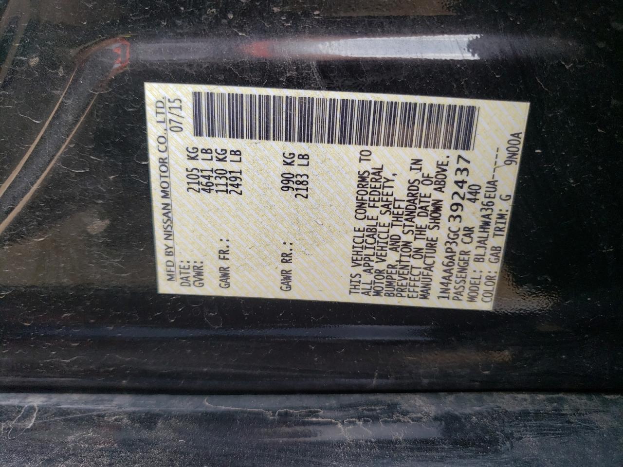 2016 Nissan Maxima VIN 1N4AA6AP3GC392437 Copart auction photo, hail damage thumbnail 12