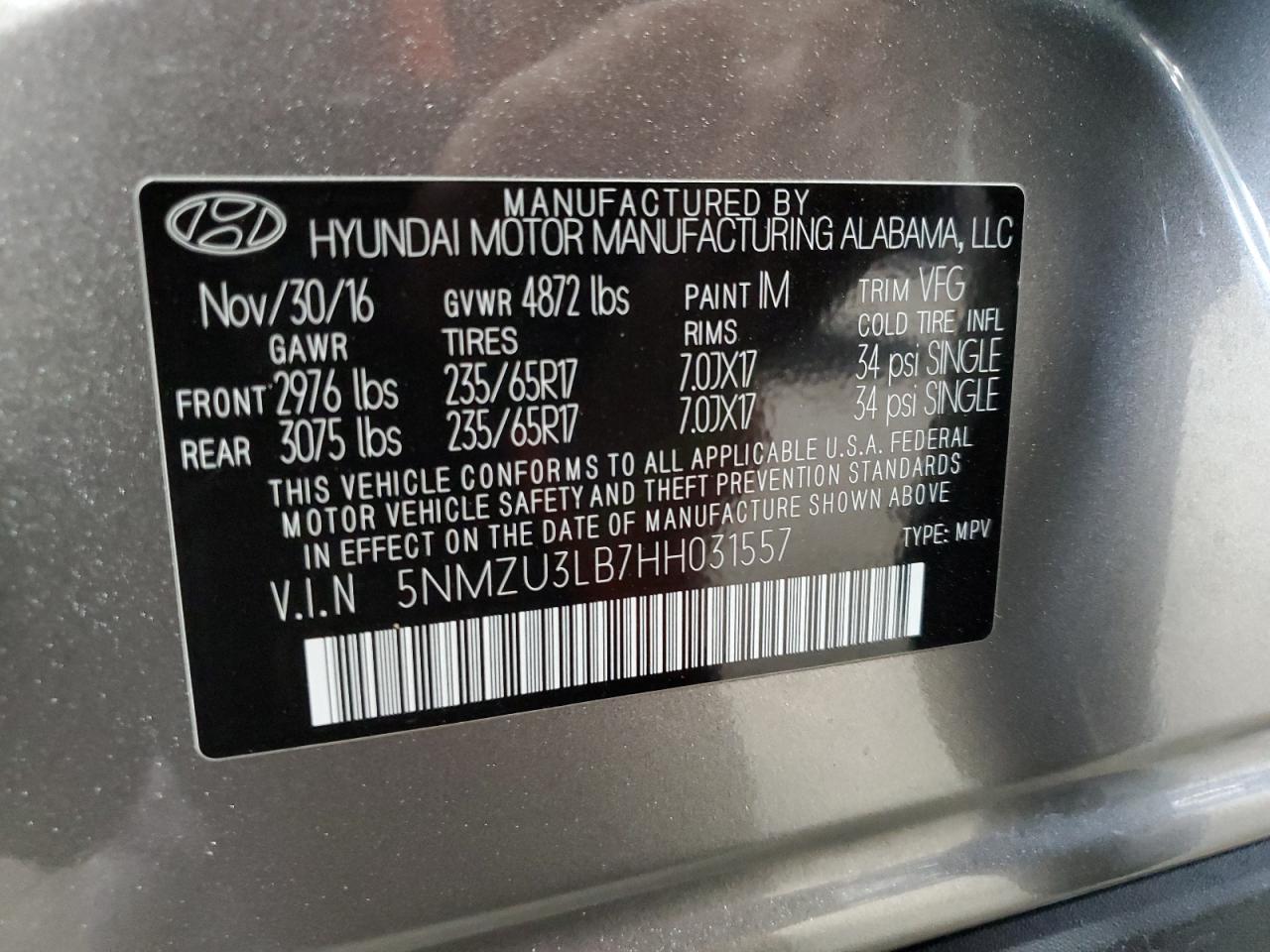 2017 Hyundai Santa Fe VIN 5NMZU3LB7HH031557 Copart auction photo, front end damage thumbnail 16
