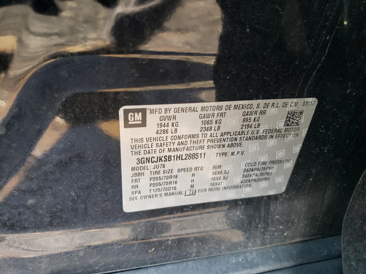 2017 Chevrolet Trax VIN 3GNCJKSB1HL288511 Copart auction photo, front end / minor dent/scratches damage thumbnail 15