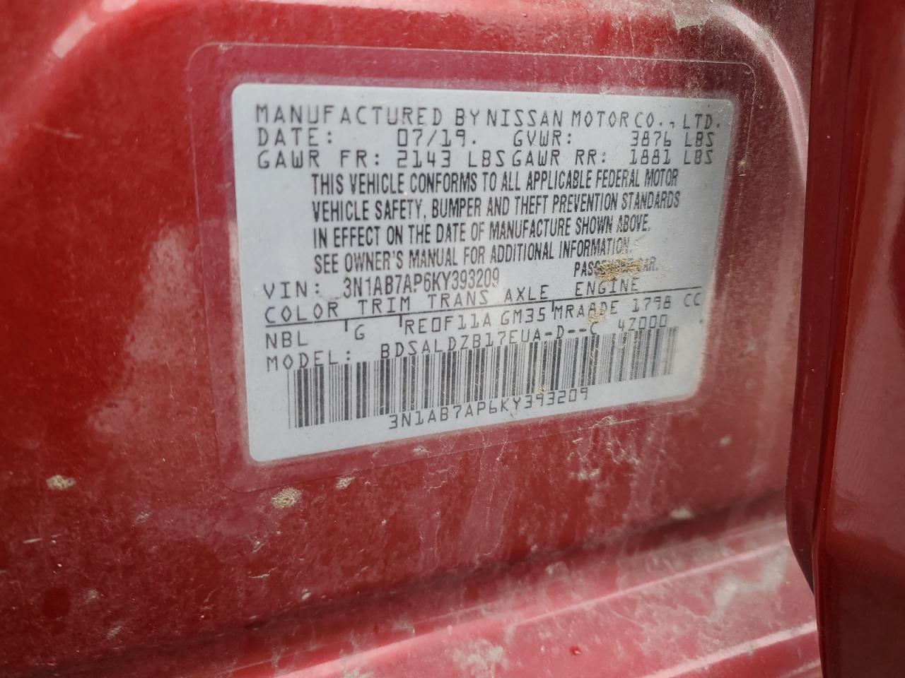 2019 Nissan Sentra VIN 3N1AB7AP6KY393209 Copart auction photo, all over damage thumbnail 12