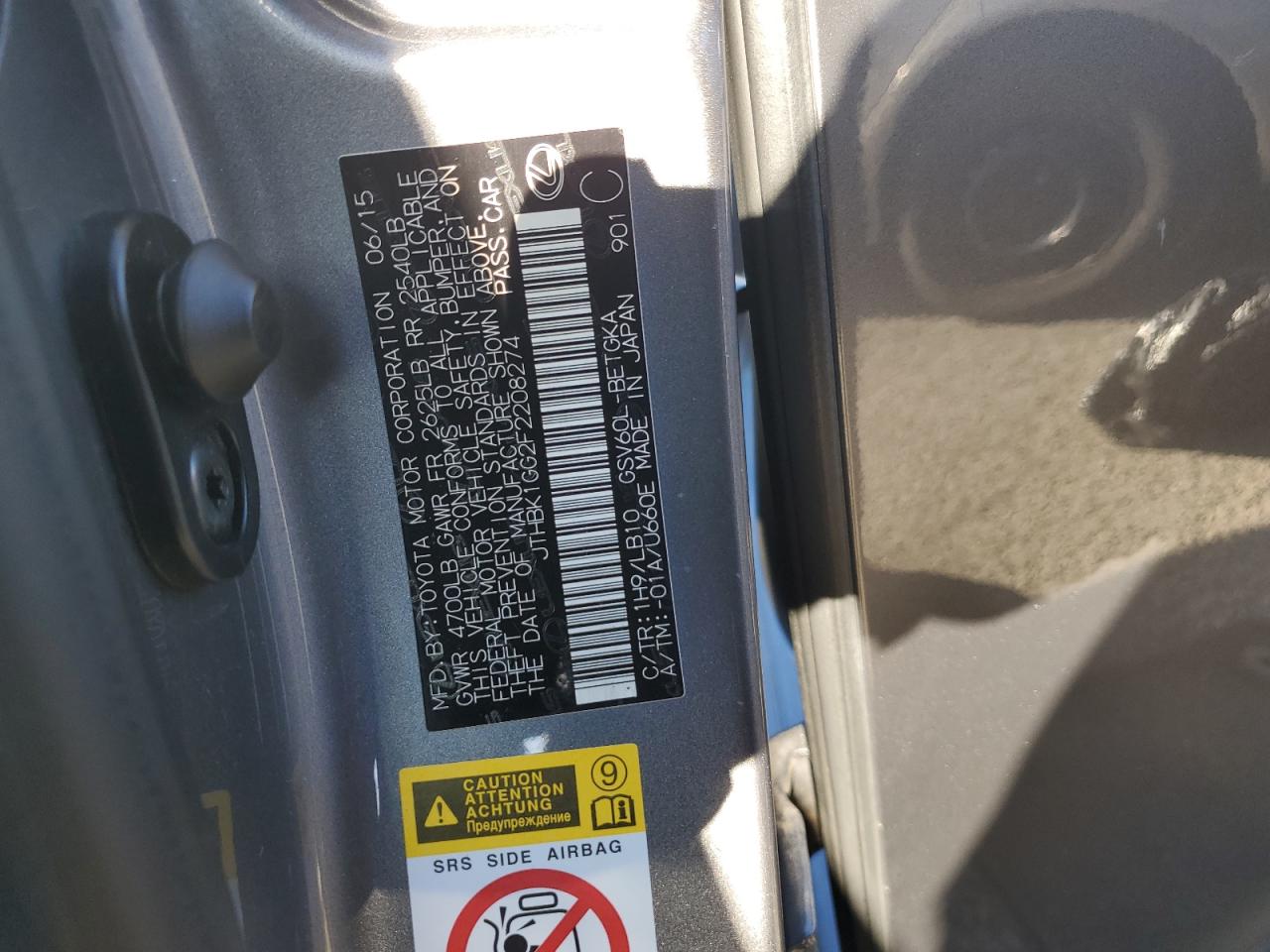 2015 Lexus ES VIN JTHBK1GG2F2208274 Copart auction photo, front end damage thumbnail 12