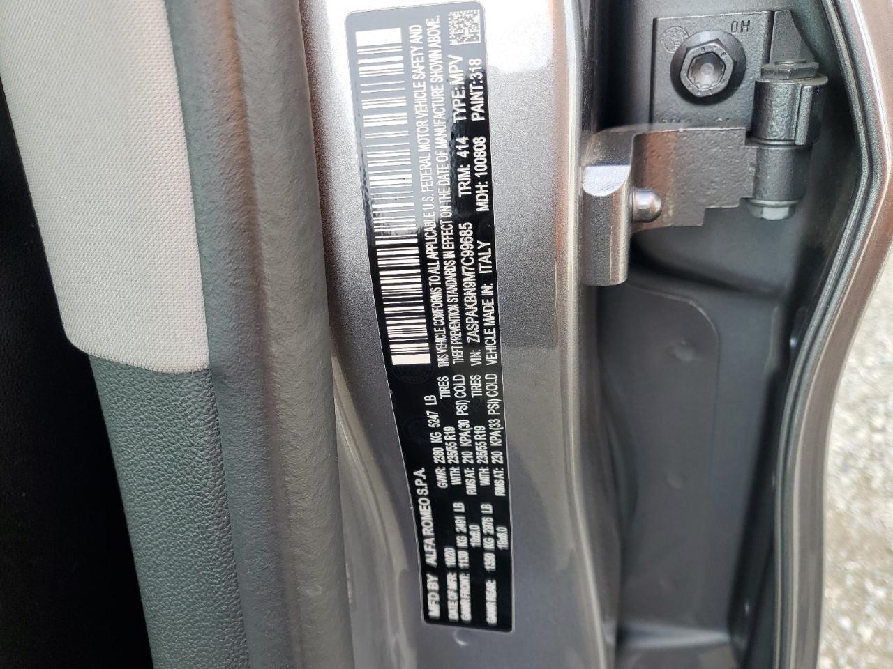 2021 Alfa Romeo Stelvio VIN ZASPAKBN9M7C99685 Copart auction photo, rear end / side damage thumbnail 12