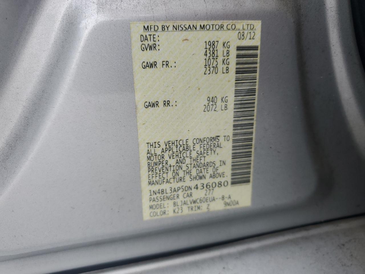 2013 Nissan Altima VIN 1N4BL3AP5DN436080 Copart auction photo, front end / minor dent/scratches damage thumbnail 14