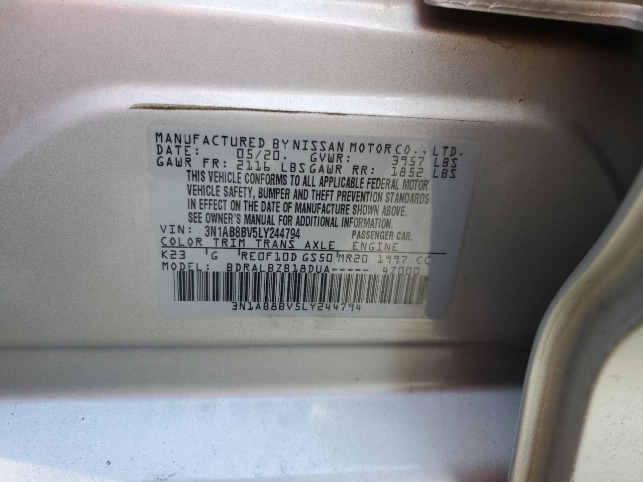2020 Nissan Sentra VIN 3N1AB8BV5LY244794 Copart auction photo, front end damage thumbnail 15