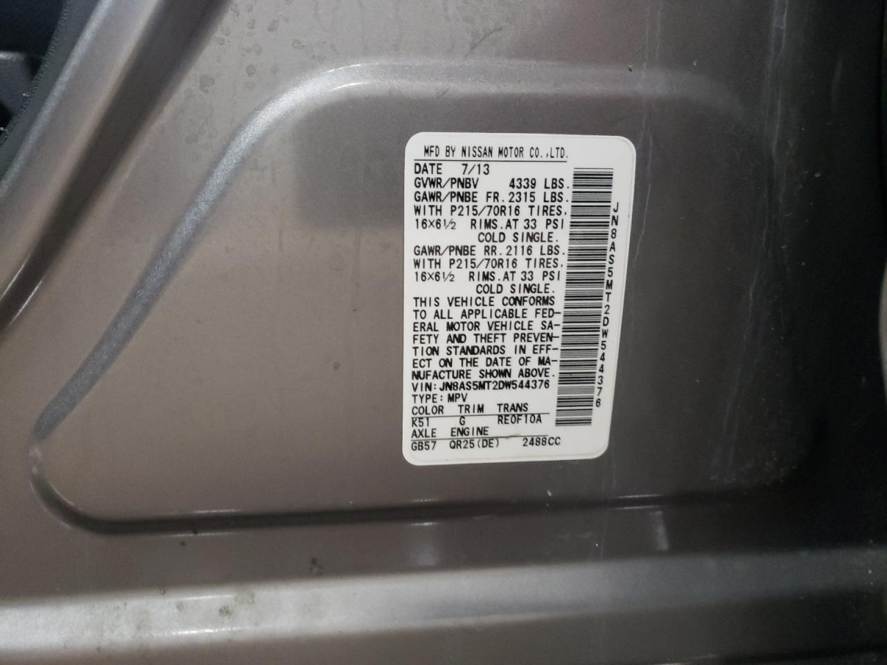 2013 Nissan Rogue VIN JN8AS5MT2DW544376 Copart auction photo, front end damage thumbnail 12