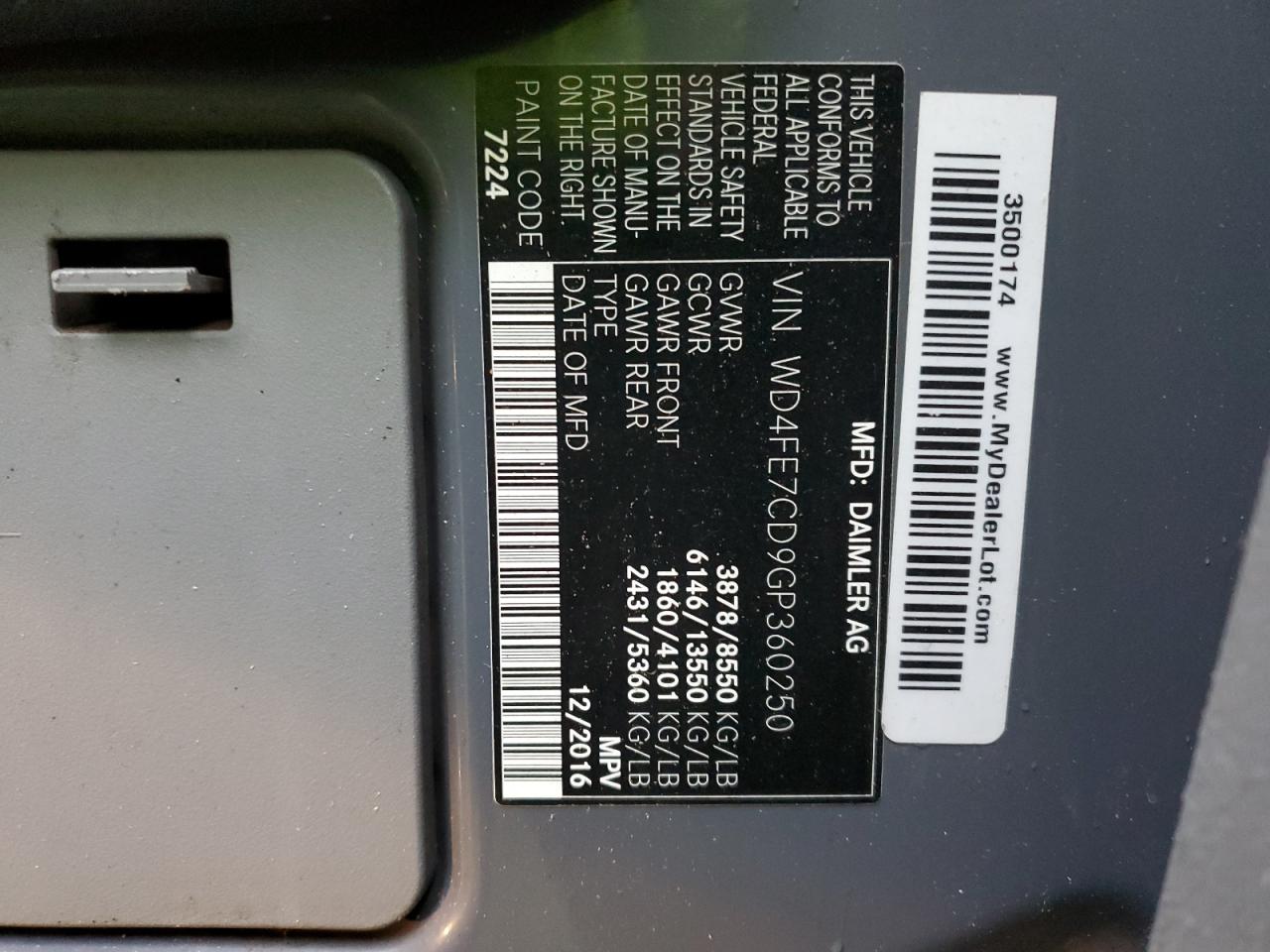 2016 Mercedes-Benz Sprinter VIN WD4FE7CD9GP360250 Copart auction photo, rollover damage thumbnail 13