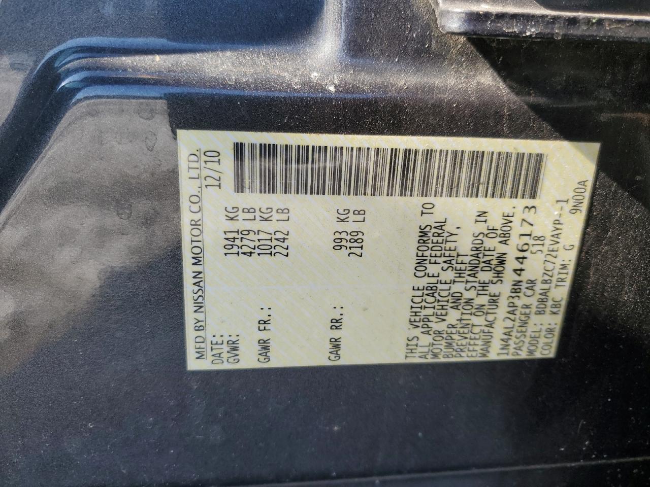 2011 Nissan Altima VIN 1N4AL2AP3BN446173 Copart auction photo, front end damage thumbnail 12