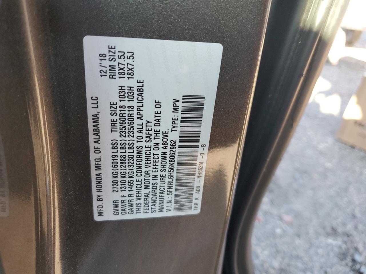 2019 Honda Odyssey VIN 5FNRL6H56KB062962 Copart auction photo, minor dent/scratches / mechanical damage thumbnail 13