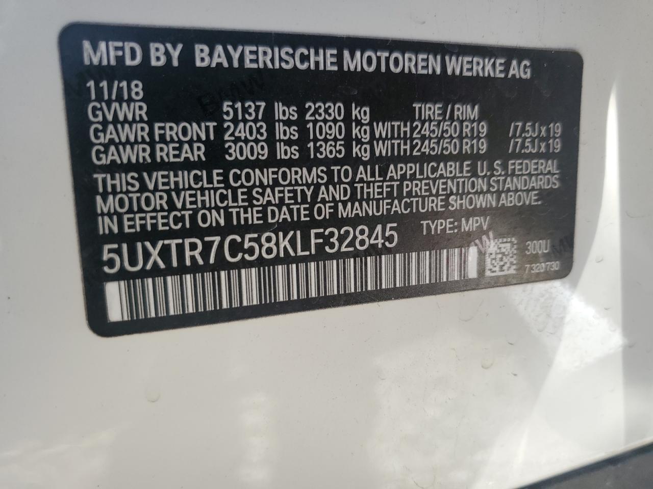 2019 BMW X3 VIN 5UXTR7C58KLF32845 Copart auction photo, rear end / front end damage thumbnail 13