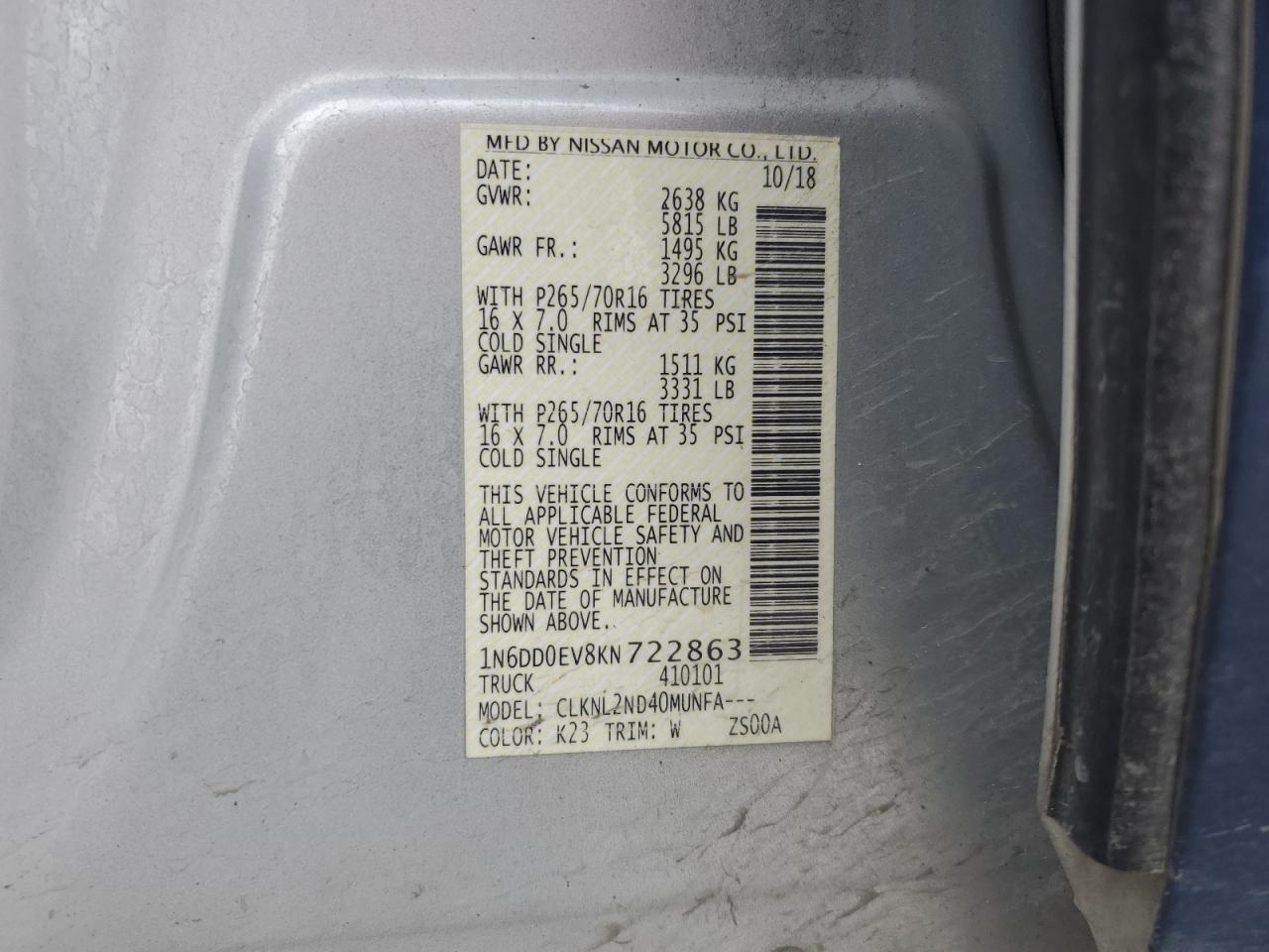 2019 Nissan Navara (Frontier) VIN 1N6DD0EV8KN722863 Copart auction photo, front end damage thumbnail 13