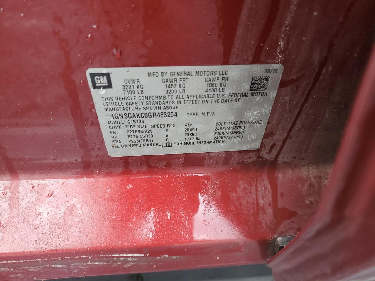 2016 Chevrolet Tahoe VIN 1GNSCAKC6GR463254 Copart auction photo, front end / side damage thumbnail 13