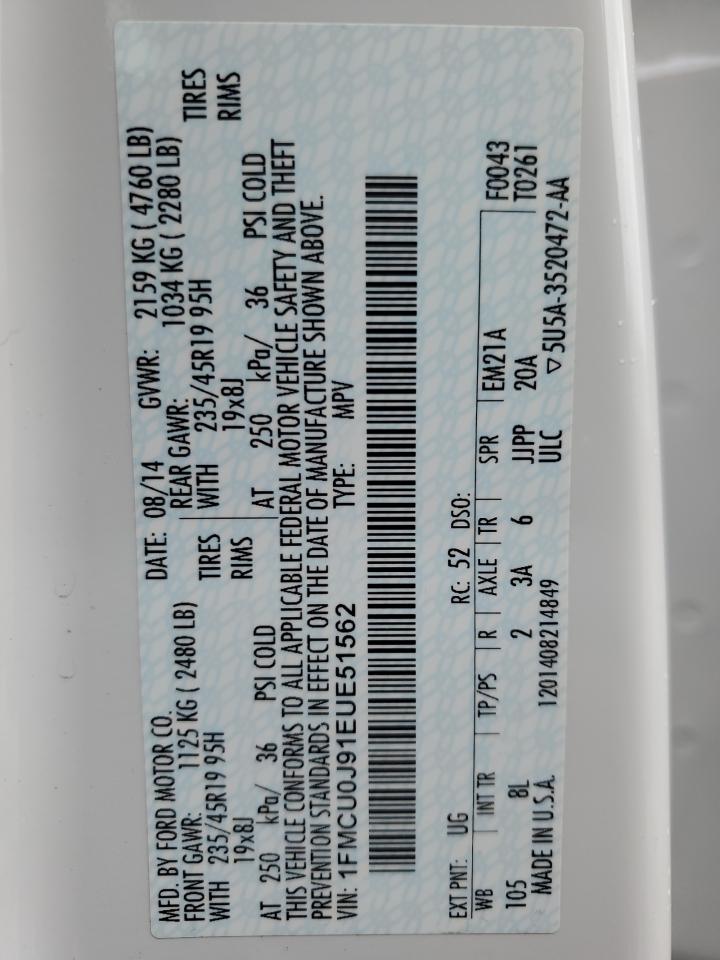 2014 Ford Escape VIN 1FMCU0J91EUE51562 Copart auction photo, side / front end damage thumbnail 14