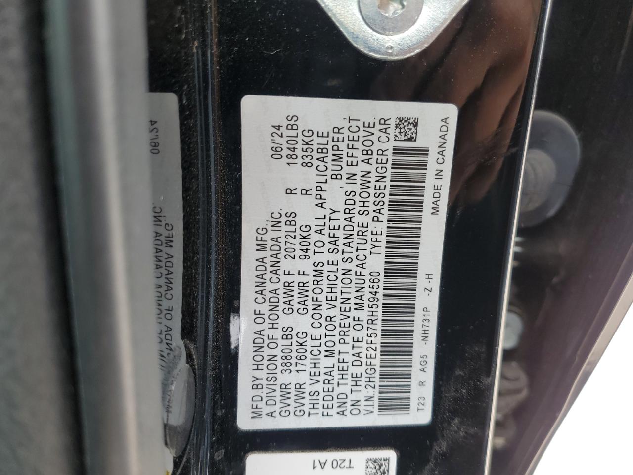 2024 Honda Civic VIN 2HGFE2F57RH594560 Copart auction photo, front end damage thumbnail 13
