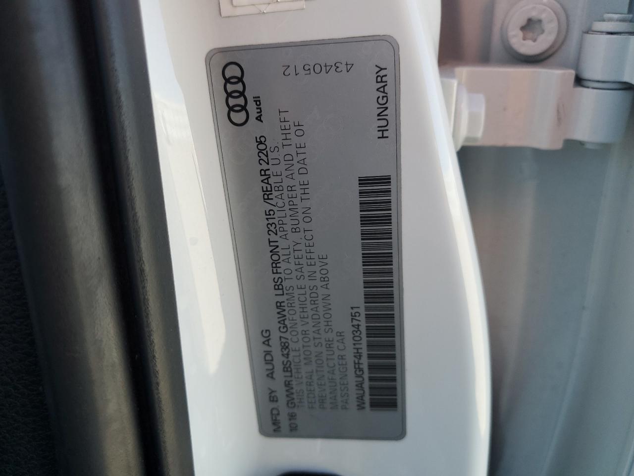 2017 Audi A3 VIN WAUAUGFF4H1034751 Copart auction photo, side damage thumbnail 12