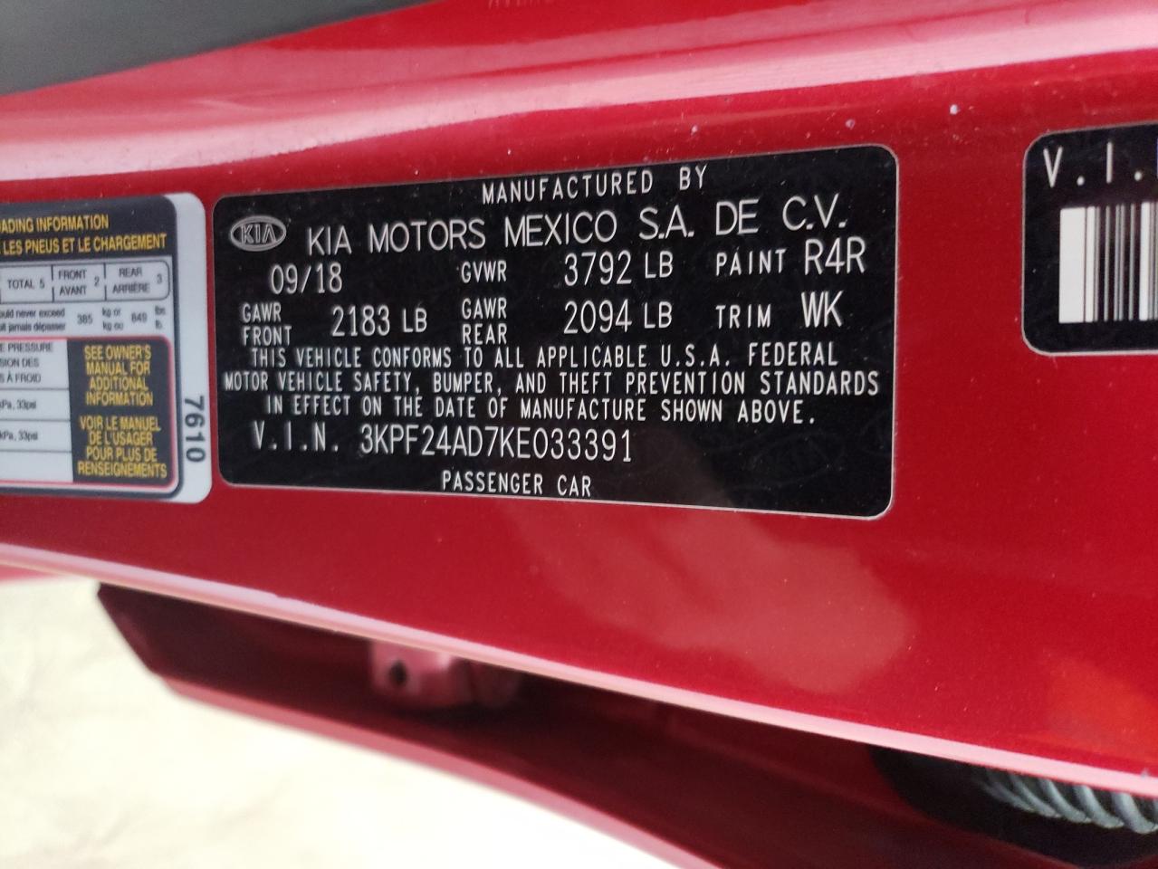 2019 KIA Forte VIN 3KPF24AD7KE033391 Copart auction photo, rear end damage thumbnail 12
