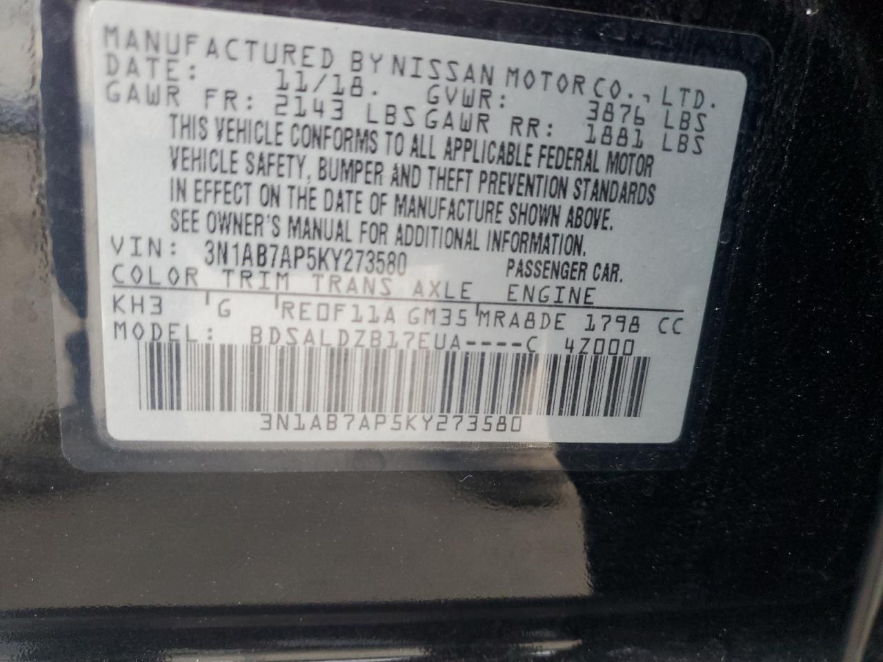 2019 Nissan Sentra VIN 3N1AB7AP5KY273580 Copart auction photo, front end damage thumbnail 13