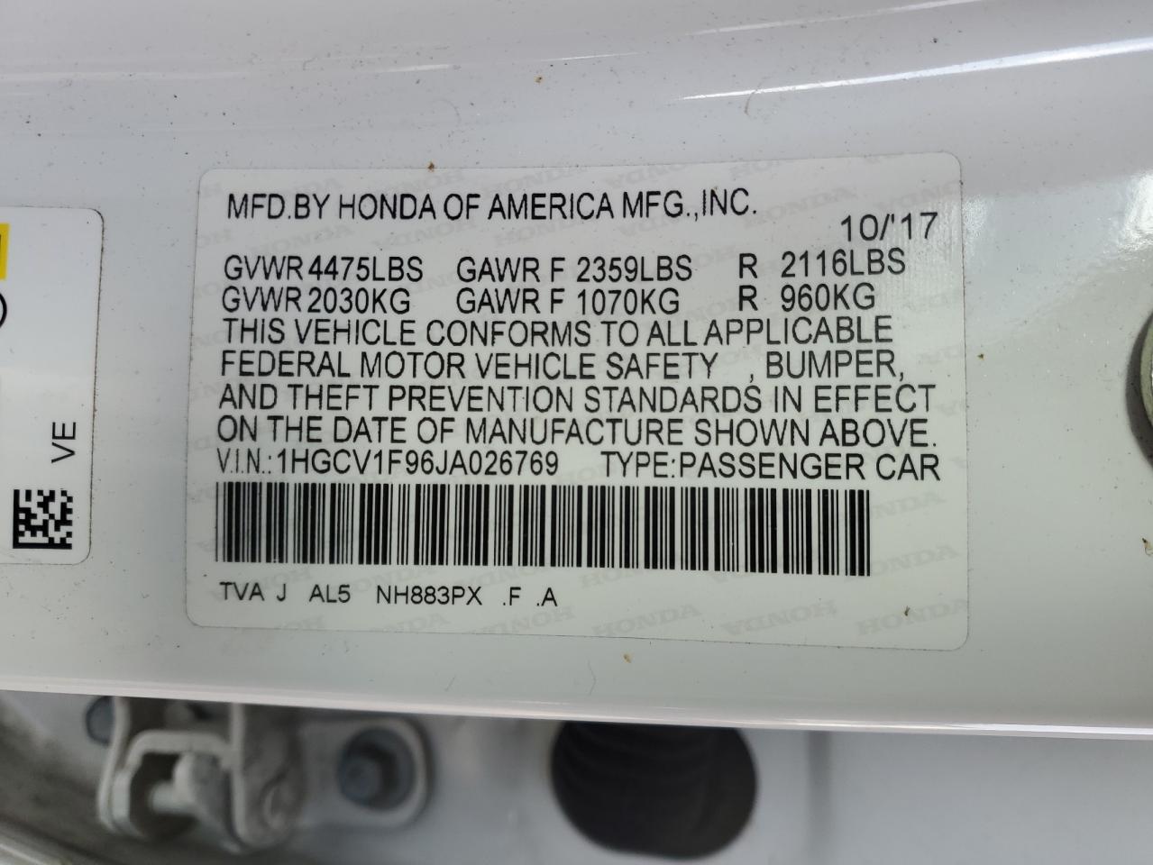 2018 Honda Accord VIN 1HGCV1F96JA026769 Copart auction photo, front end / undercarriage damage thumbnail 13