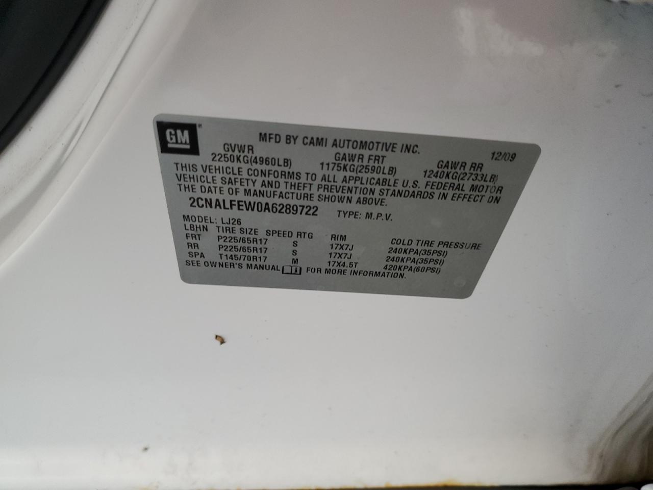 2010 Chevrolet Equinox VIN 2CNALFEW0A6289722 Copart auction photo, all over damage thumbnail 13